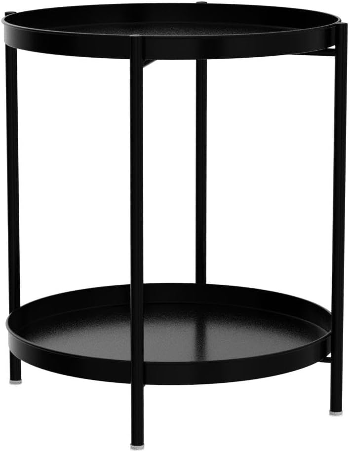 Tier End Table - Metal Side Table Waterproof Small Sofa Coffee Side Tables Bedroom Indoor Outdoor with Removable Tray for Living Room Bedroom Balcony and Office (Black)