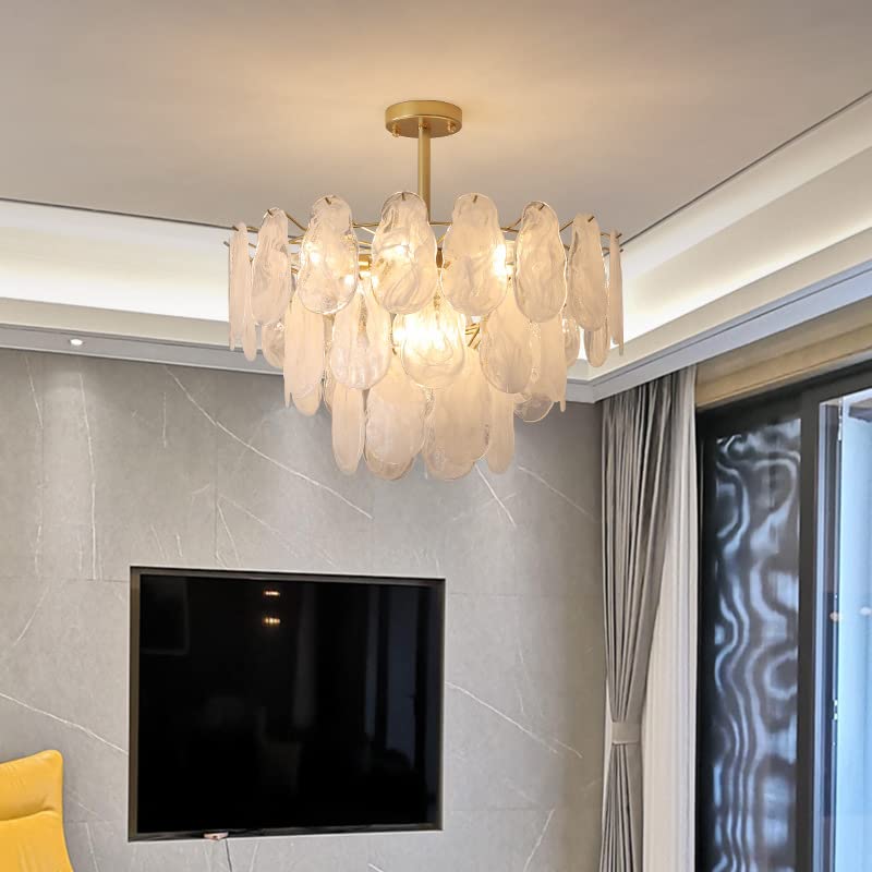 KELUOLY modern gold Chandeliers Lighting, D23.6 creative cloud glass Pendant Ceiling Fixture Lamp, 3-layer round crystal glass chandelier, 9-Light, applicable to living room, bedroom, dining hall