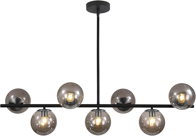 7-Light Clear Glass Globe Chandelier Black Linear Sputnik