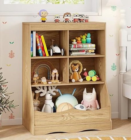 Toy Storage Organizer, 5-Cubby Kids Bookshelf with Footboard and Anti-Tipping