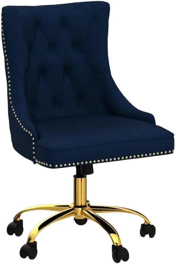 Velvet Armless Office Chair with Gold Base & Nailhead Trim, Modern Tufted Upholstered Desk Chair Swivel Adjustable, Cute Wingback Computer Task Vanity