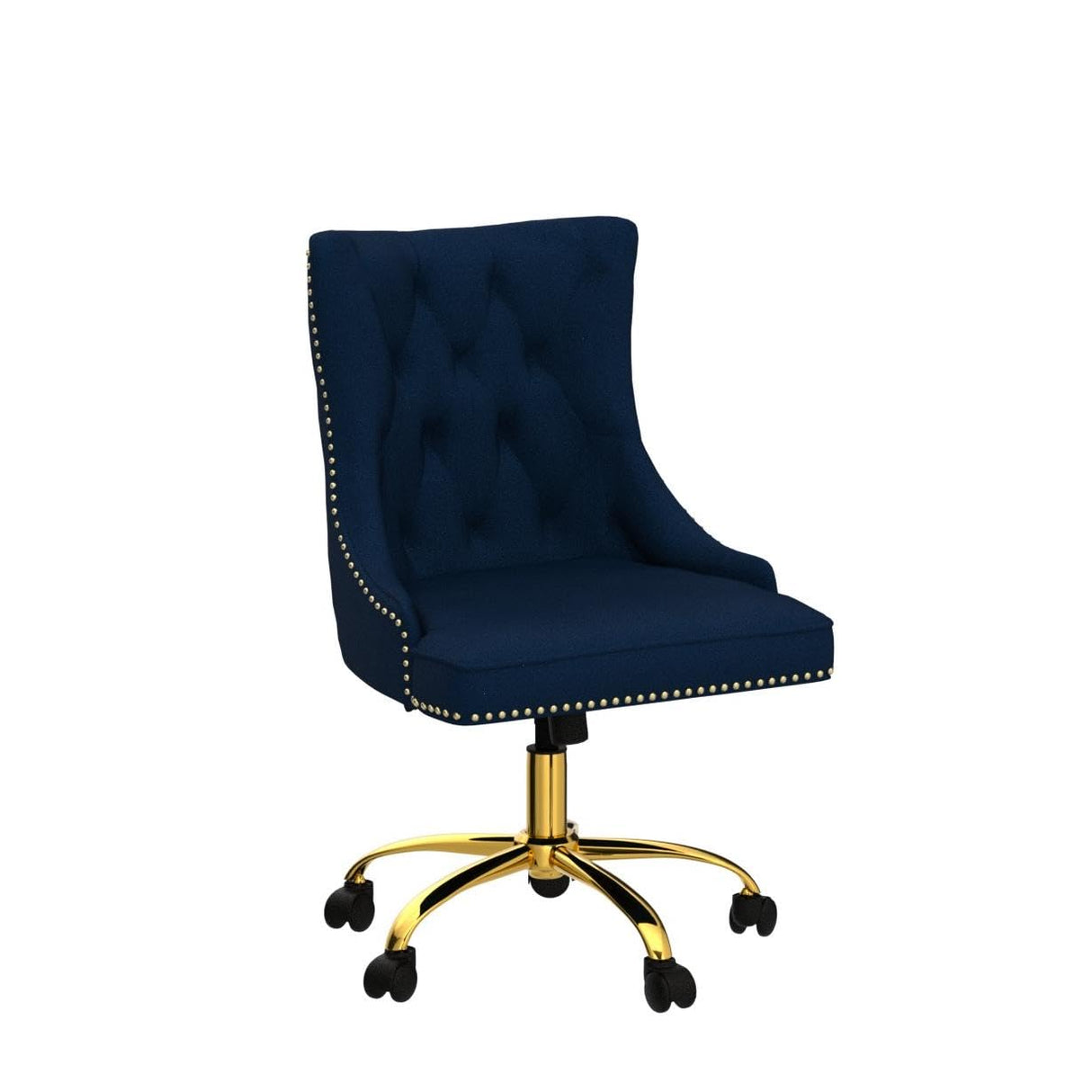 Velvet Armless Office Chair with Gold Base & Nailhead Trim, Modern Tufted Upholstered Desk Chair Swivel Adjustable, Cute Wingback Computer Task Vanity