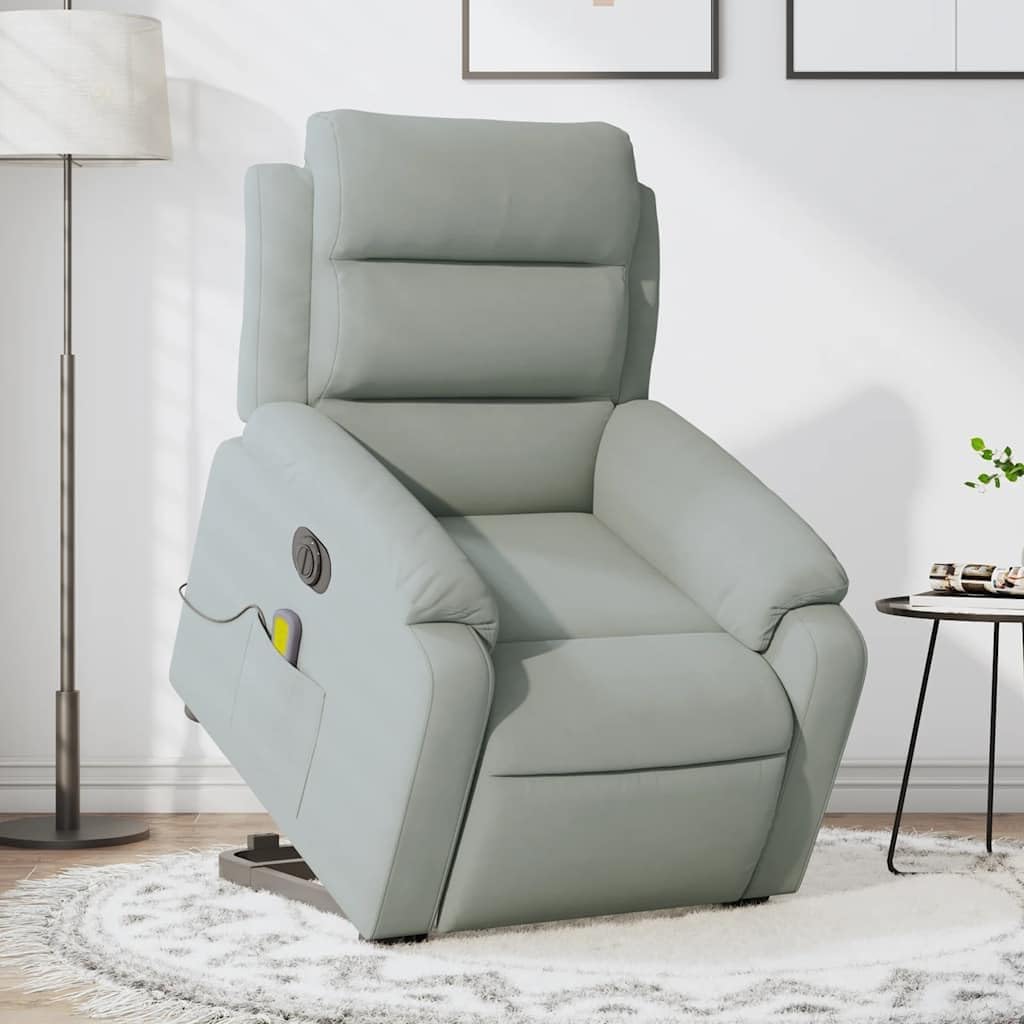 and Recline Massage Armchair in Light Gray Velvet - Motorized Standing Aid, Vibrating Massage, Comfort Design, 242.5 lb Capacity