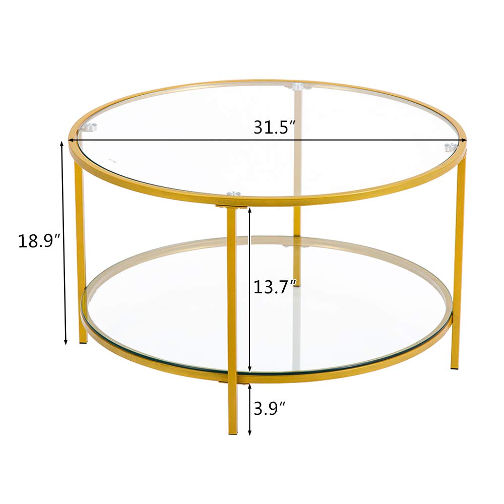31.5" Round Coffee Table with Open Storage Shelf,2-Tier Temperred Glass Round Accent