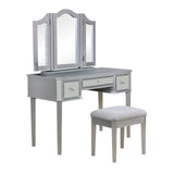 Wooden Vanity with Stool with 3 Drawers in Silver