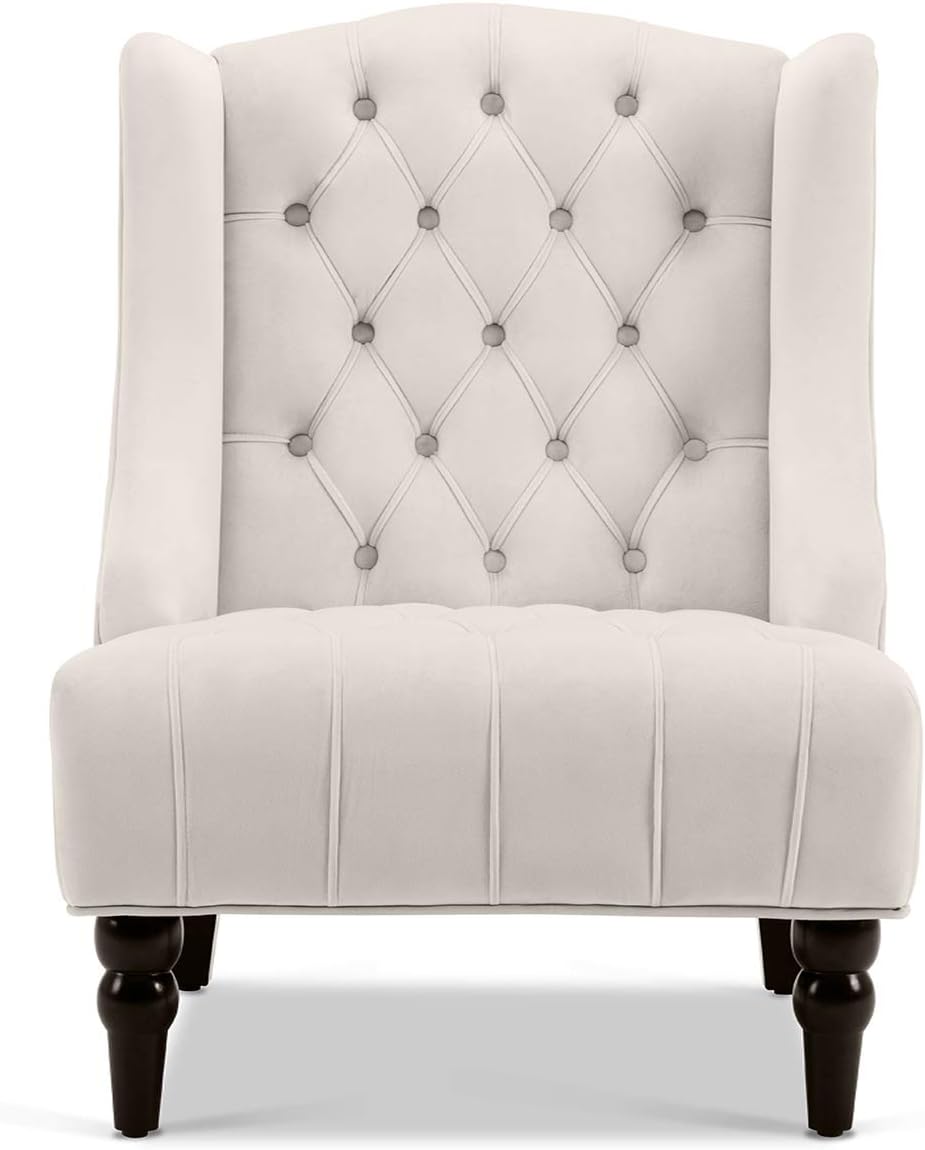 BELLEZE Modern Wingback Accent Chair, Tufted Velvet Living Room High Back Chair with Thick Padded Cushioned Seats & Wood Legs, Victorian Chesterfield Style - Hyde (Cream)