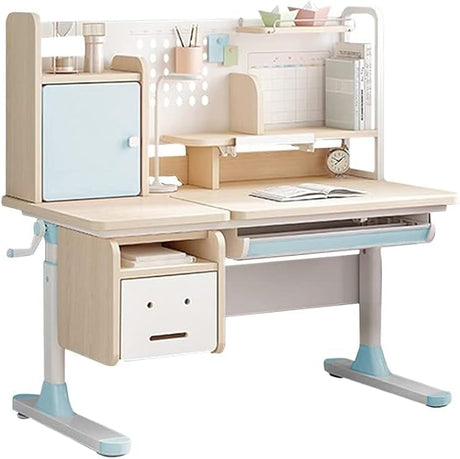 Ergonomic Height Adjustable Wooden Children Desk with Tilted Desktop, Pull Out Drawer,