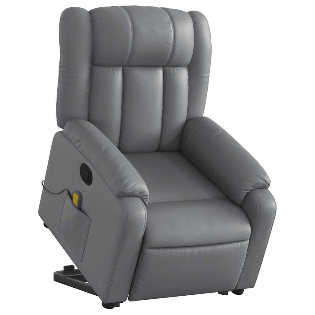 Leather Massage Recliner Chair - Power Lift Armchair, Manual Tilt, 6-Point Vibration, Side Pocket - Gray