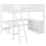 Full Size Loft Bed with Shelves and Desk, Wooden Loftbed Frame with w/Ladder for Kids