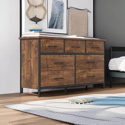 7 Drawer Dresser for Bedroom, Industrial Wood Storage Dressers & Chests of Drawers with Sturdy Steel Frame, Storage Organizer for Bedroom Office Wood, Walnut