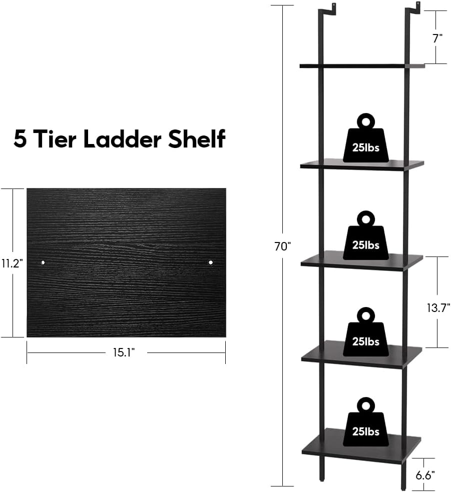 5 Tier Ladder Shelf, 70-Inch Wall Mounted Ladder Bookshelf Metal Frame