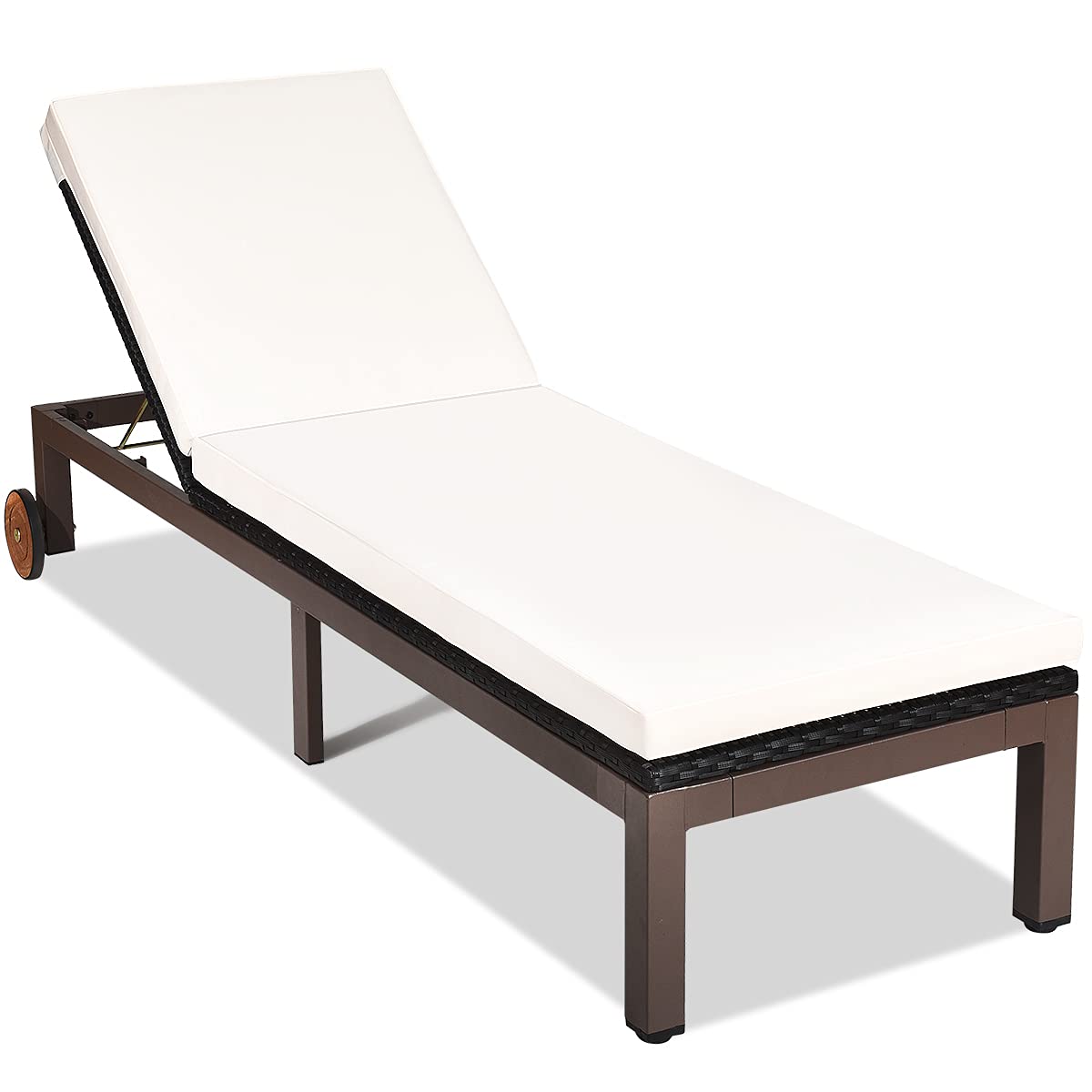 Outdoor Pool Chaise Lounge Chair, Metal Rattan Lounger Recliner Chair W/Wheels