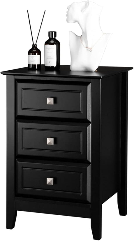 Upgraded 3 Drawers Night Stands for Bedrooms Set of 2, Wooden Black Nightstand Stylish, Modern Bed Side Table/Night Stand for Small Spaces, College Dorm, Kids’ Room, Living Room, 24H