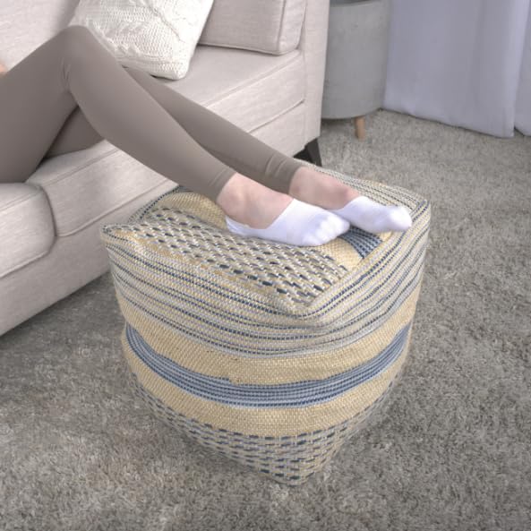 Stylish and Durable Fabric Pouf for Home Décor, Handcrafted, Natural Blue Color, 16x16