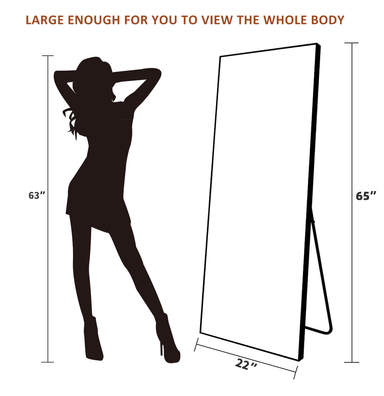 Full Length Floor Mirror 65"x22" - Standing or Wall Leaning Aluminum Frame