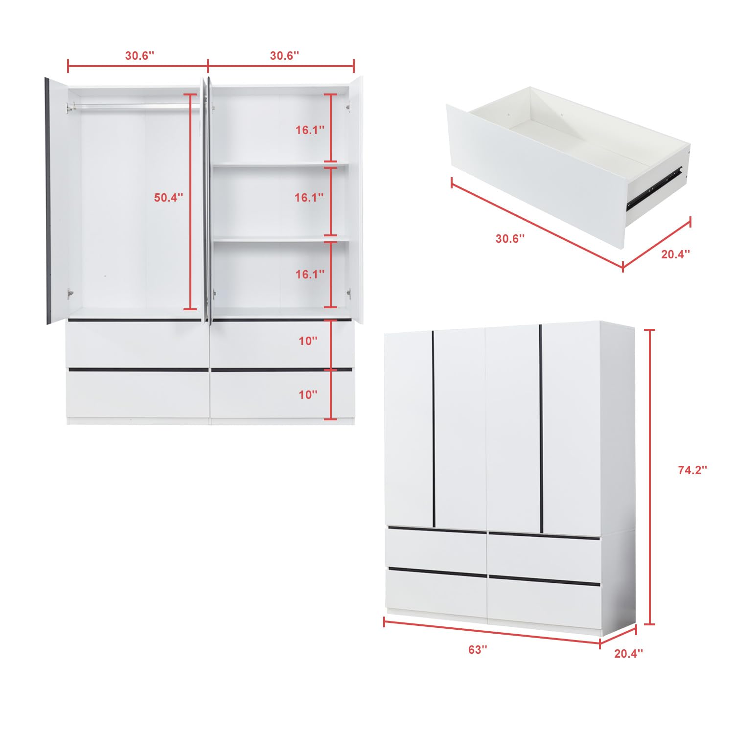74.2" Tall 4-Doors 4 Drawers White Wardrobe Armoire Closet