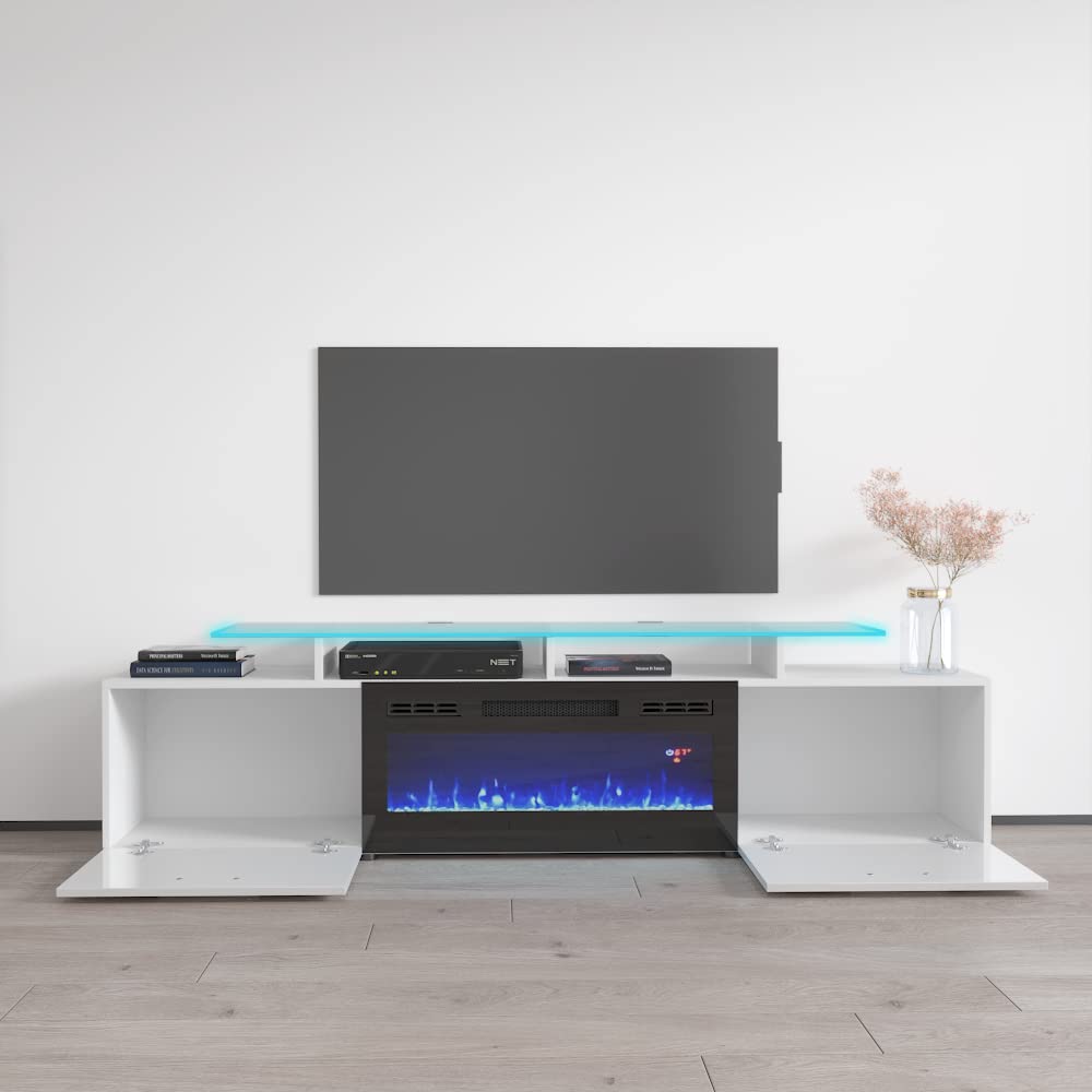 Rova BL-EF Fireplace TV Stand for TVs up to 85", Modern High Gloss 75" Entertainment