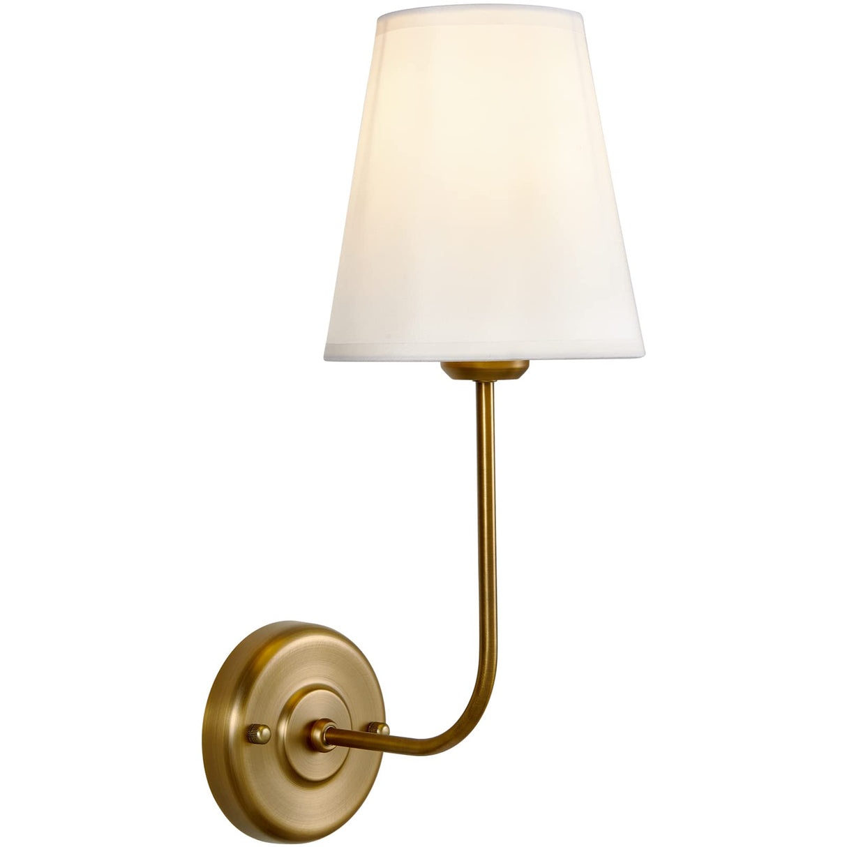 Hardwired Wall Sconce with Flared Shape White Textile Shade Curved Arm and Antique Brass Finish Metal Base