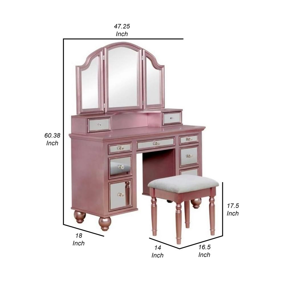 60 Inch Vanity Desk with Stool, Drawers, 3 Panel Mirror, Wood, Pink, Rose Gold and Gray