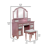 60 Inch Vanity Desk with Stool, Drawers, 3 Panel Mirror, Wood, Pink, Rose Gold and Gray