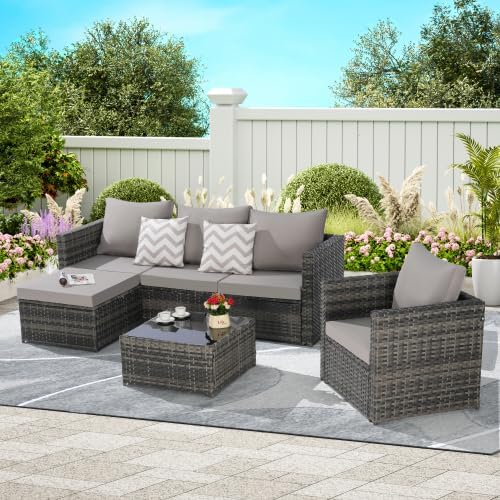 3-Piece Outdoor Patio Furniture Set, L-Shaped Wicker Sectional Sofa