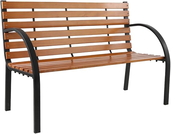 Patio Bench with Backrest and Armrests - Metal and Wood Bench