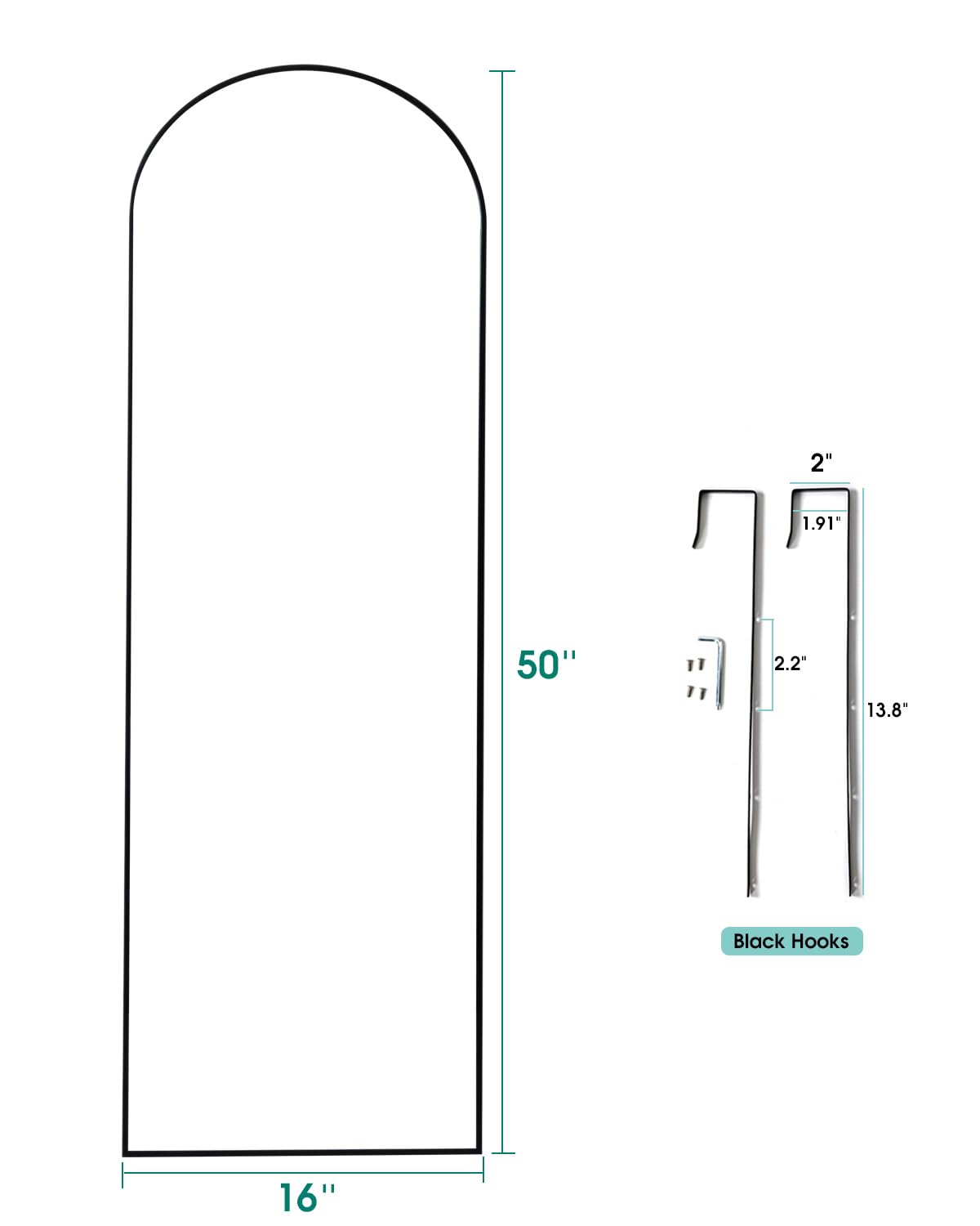 Full Length Arched Door Mirror - 16x50 Black Frame Wall Mount