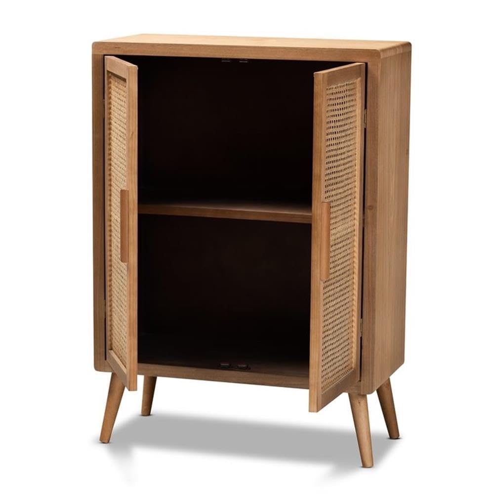 Mid-Century 2-Door Wood/Rattan Storage Cabinet in Oak