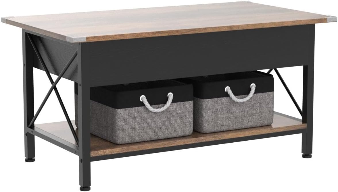 Lift Top Coffee Table with Two Free HQ Cloth Bins Storage, Farmhouse Grey Black, Small