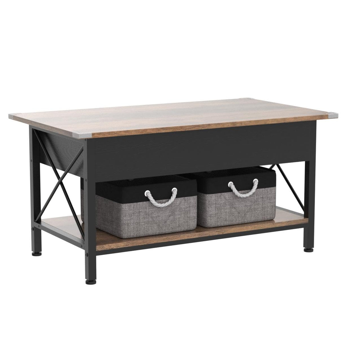 Lift Top Coffee Table with Two Free HQ Cloth Bins Storage, Farmhouse Grey Black, Small