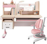 Desk and Chair Height Adjustable Wooded Children Desk with Bookshelf, Tiltable Desktop, Tablet Holder, Storage Cabinet and Pull-Out Drawer, Pink