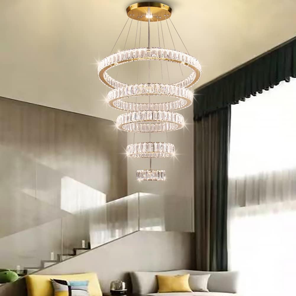 LED Big Crystal Chandeliers Modern 5 Rings Pendant Light Adjustable Ceiling Light