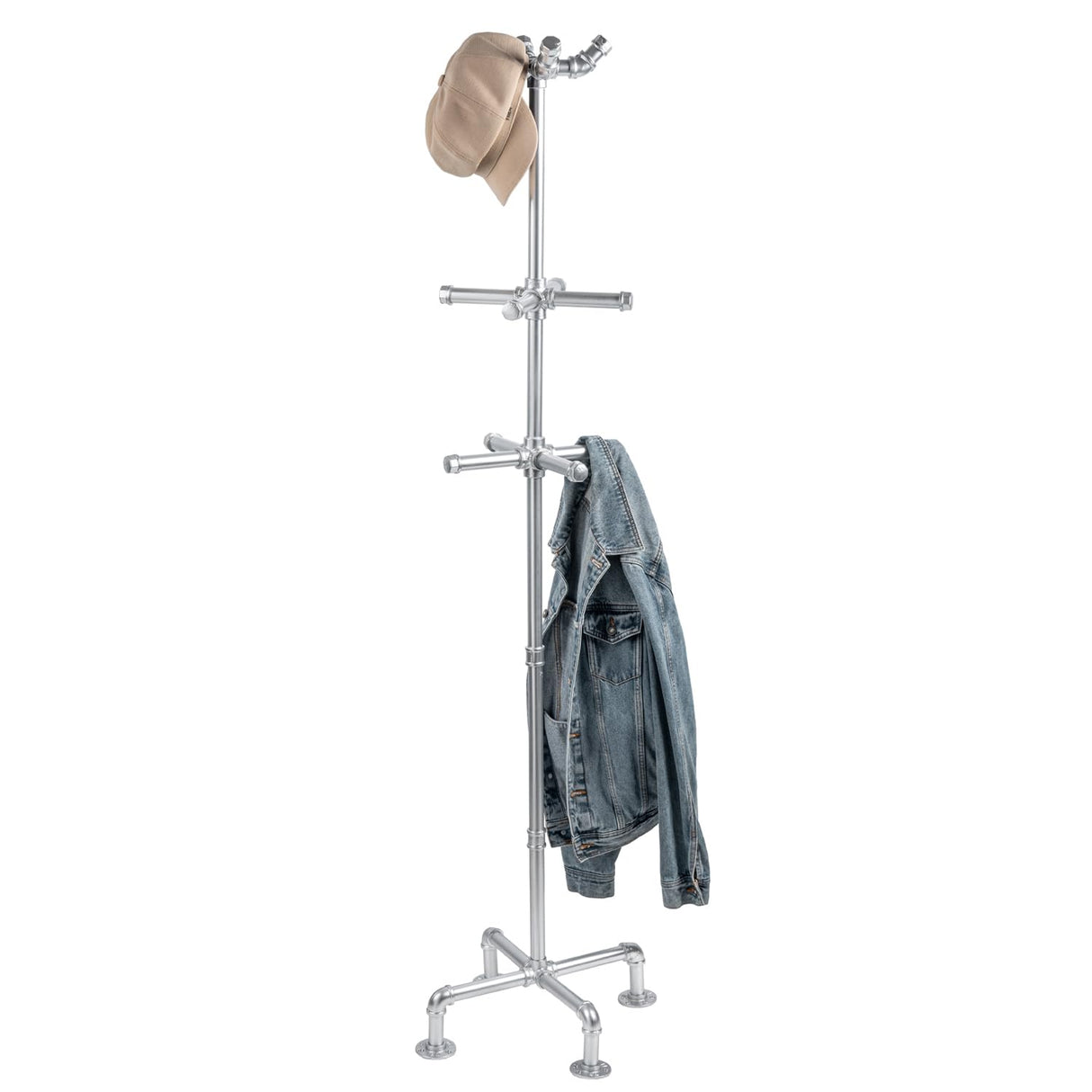 5.5ft Freestanding Coat Rack with Silver Tone Industrial Metal Pipe Design and 12 Hooks