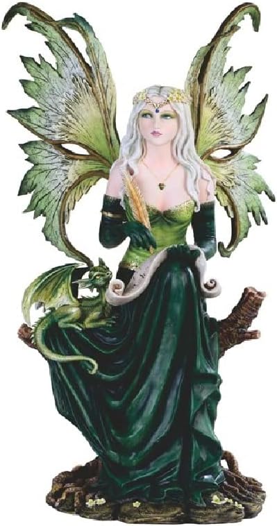 17.5" H Reading Fairy and Green Baby Dragon Statue Fantasy Decoration Figurine