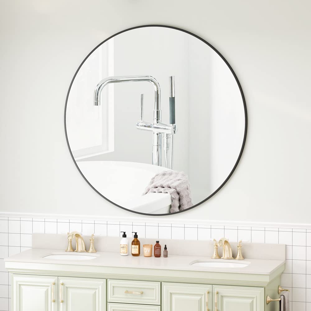 42" Round Mirror, Black Circle Bathroom Wall Mounted Mirror, Modern Deep