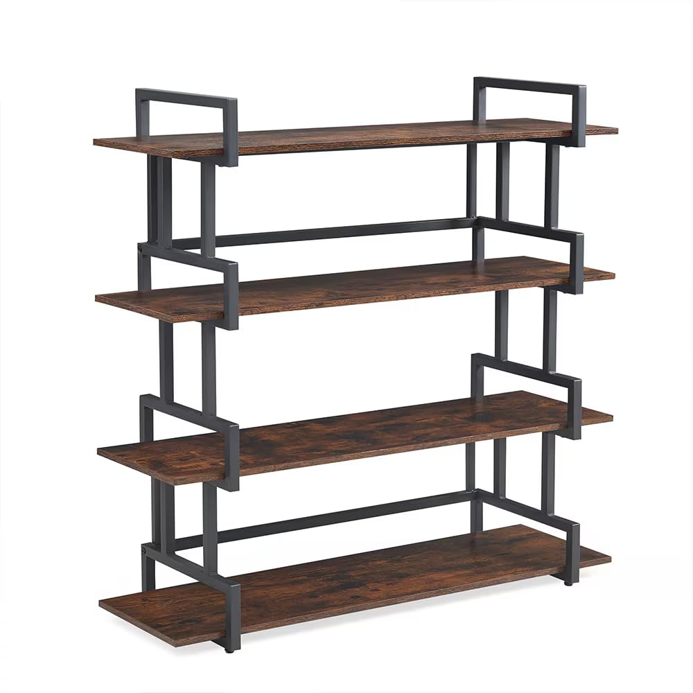 Industrial 4 Tier Bookshelf,Metal and Wood Bookcase,Open Wide Display Storage Bookshelves,for Bedroom,Living Room,Home Office, Easy Assembly