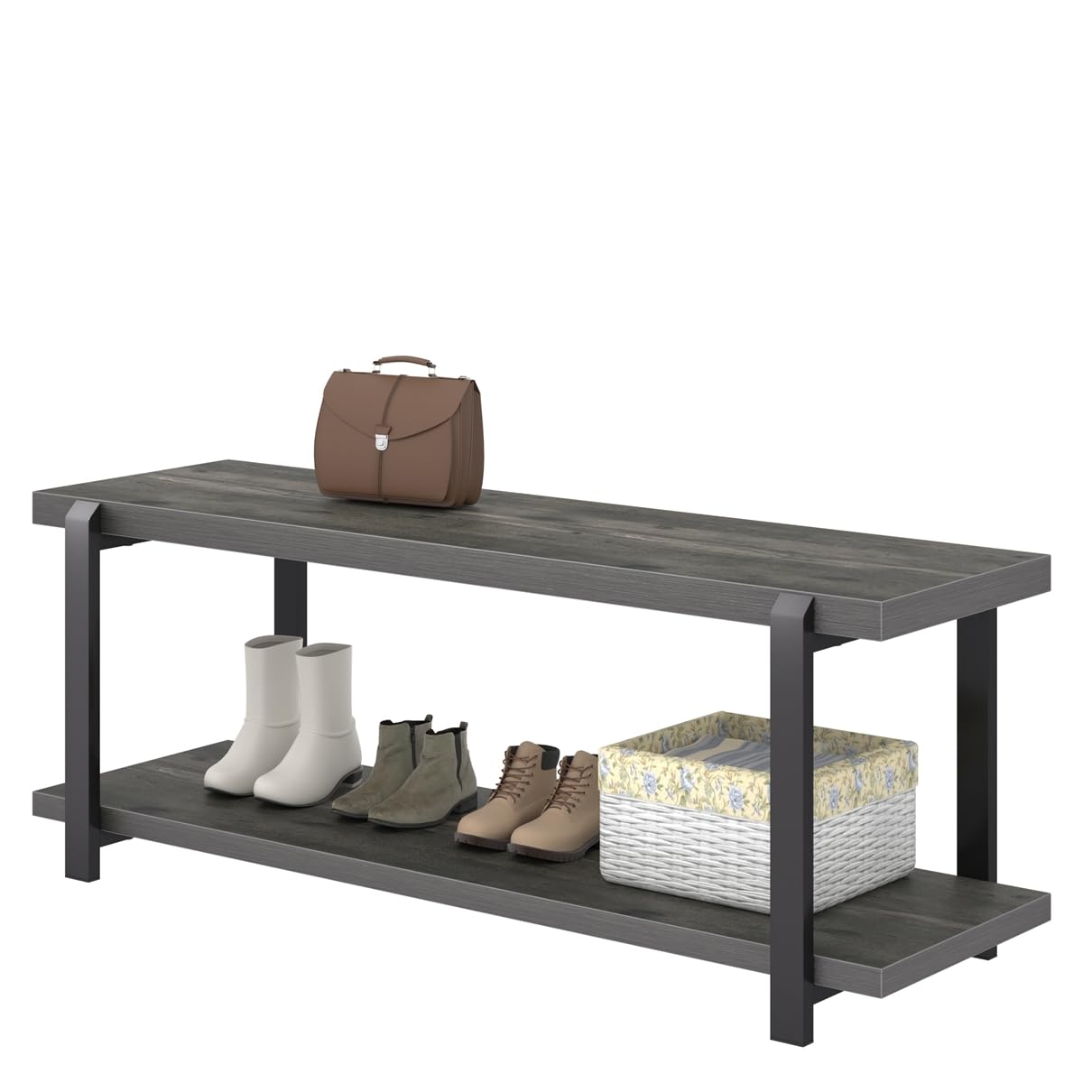 Shoe Bench, Industrial Entryway Bench with Storage, Rustic Wood and Metal Shoe Rack