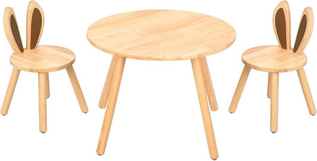 Rubberwood Kids Table and Chair Set, Natural Wood, Easy to Clean, Toddler Table with 2 Rabbir Chairs for Bedroom