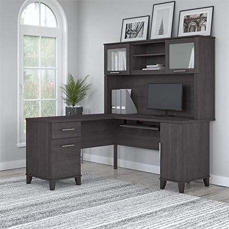 UrbanPro Transitional 60W L Shaped Desk with Hutch in Storm Gray