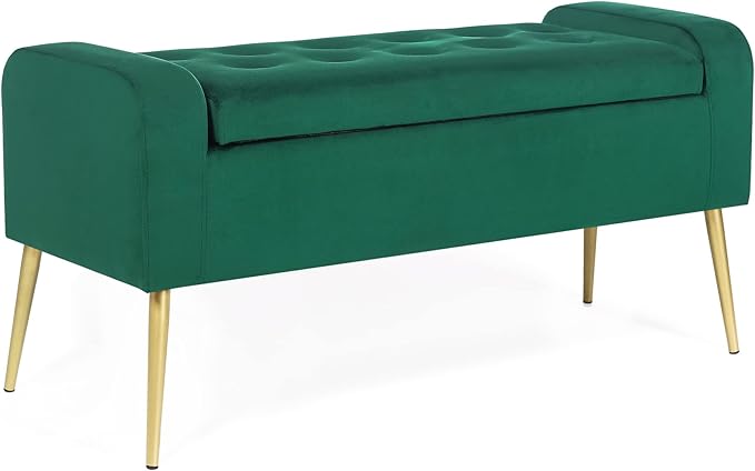 Adeco 39.6 inch Modern Velvet Storage Bench Ottoman,Upholstered Storage End of Bed Bench, Tufted Button Entryway Bench with Golden Metal Legs for Bedroom Living Room (Blue)