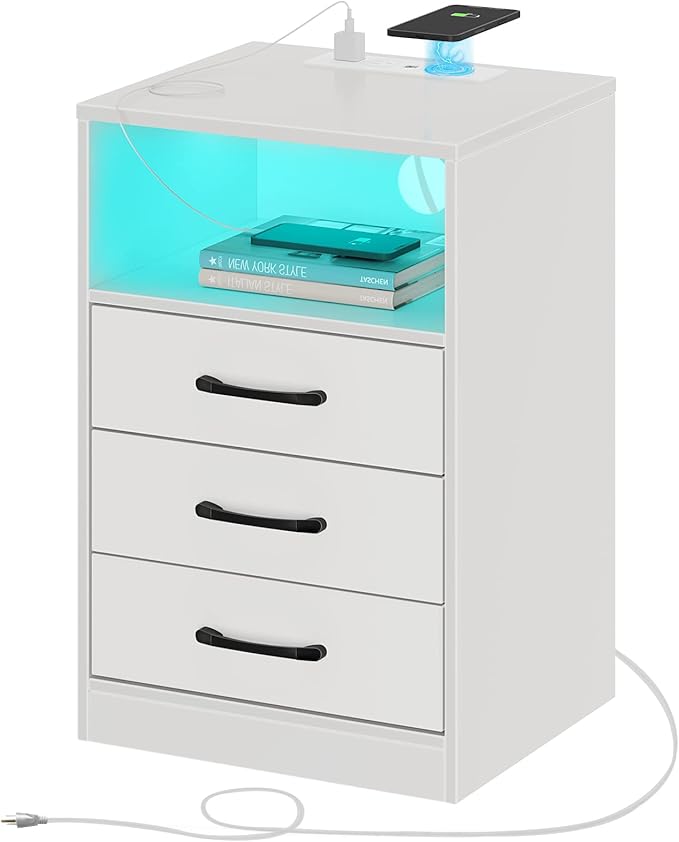 Nightstand with Wireless Charging Station and LED Lights, Modern End Side Table