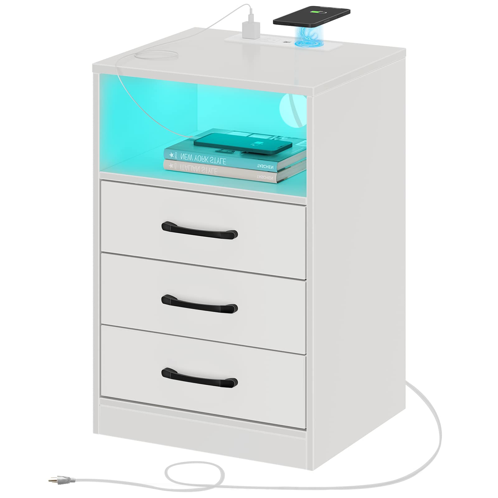 Nightstand with Wireless Charging Station and LED Lights, Modern End Side Table with 3