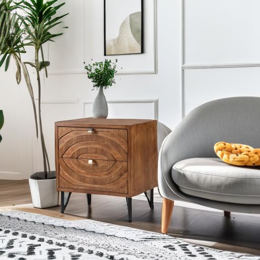 Rustic End Table with 2 Drawers, Vintage Wood Bedside Table