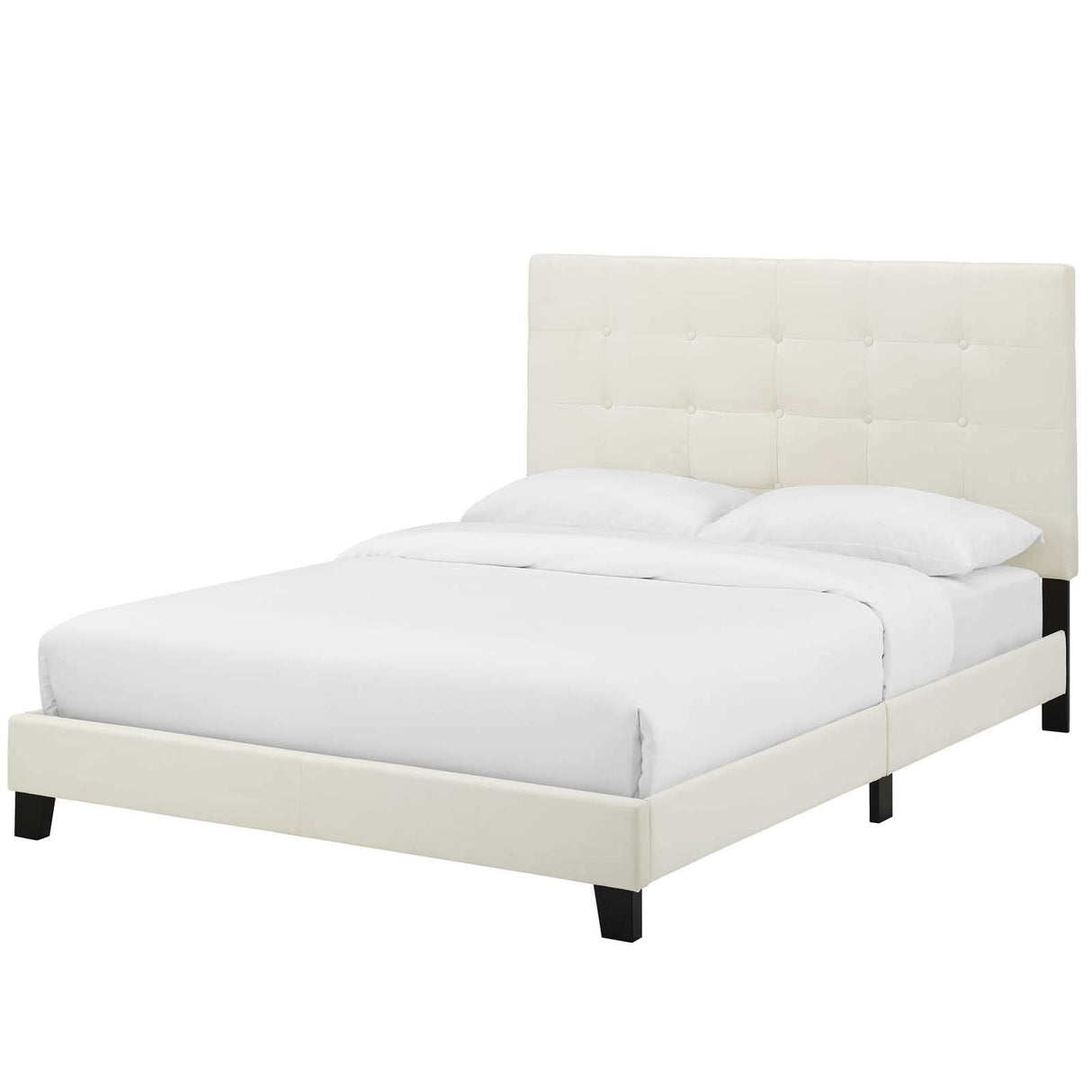 Modern Designer Bedroom Queen Size Platform Bed Frame, Velvet Fabric, Ivory White