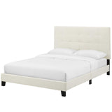 Modern Designer Bedroom Queen Size Platform Bed Frame, Velvet Fabric, Ivory White