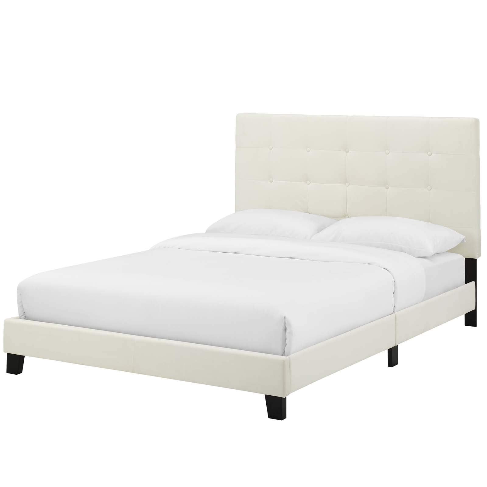 Modern Designer Bedroom Queen Size Platform Bed Frame, Velvet Fabric, Ivory White
