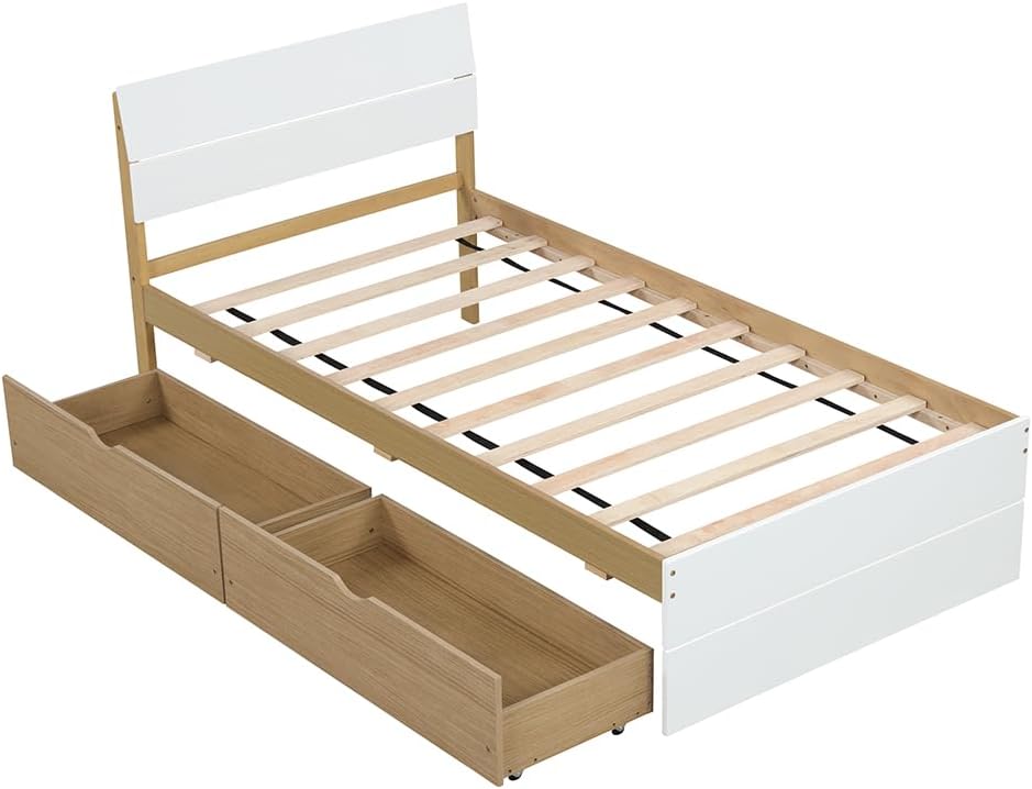 Bed Frame, with 2 Drawers, White High Gloss Headboard Footboard, No Spring Box Needed,