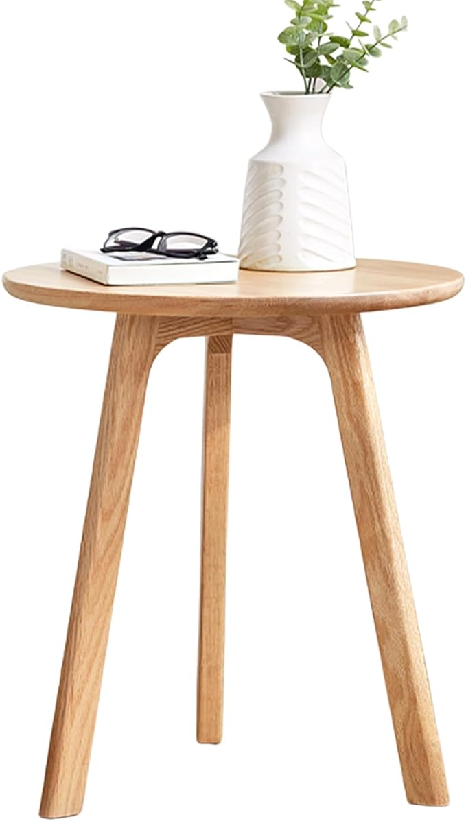 Accent Side/End Table - 100% Solid Oak Wood with 3 Legs Design - Small Round Side Table