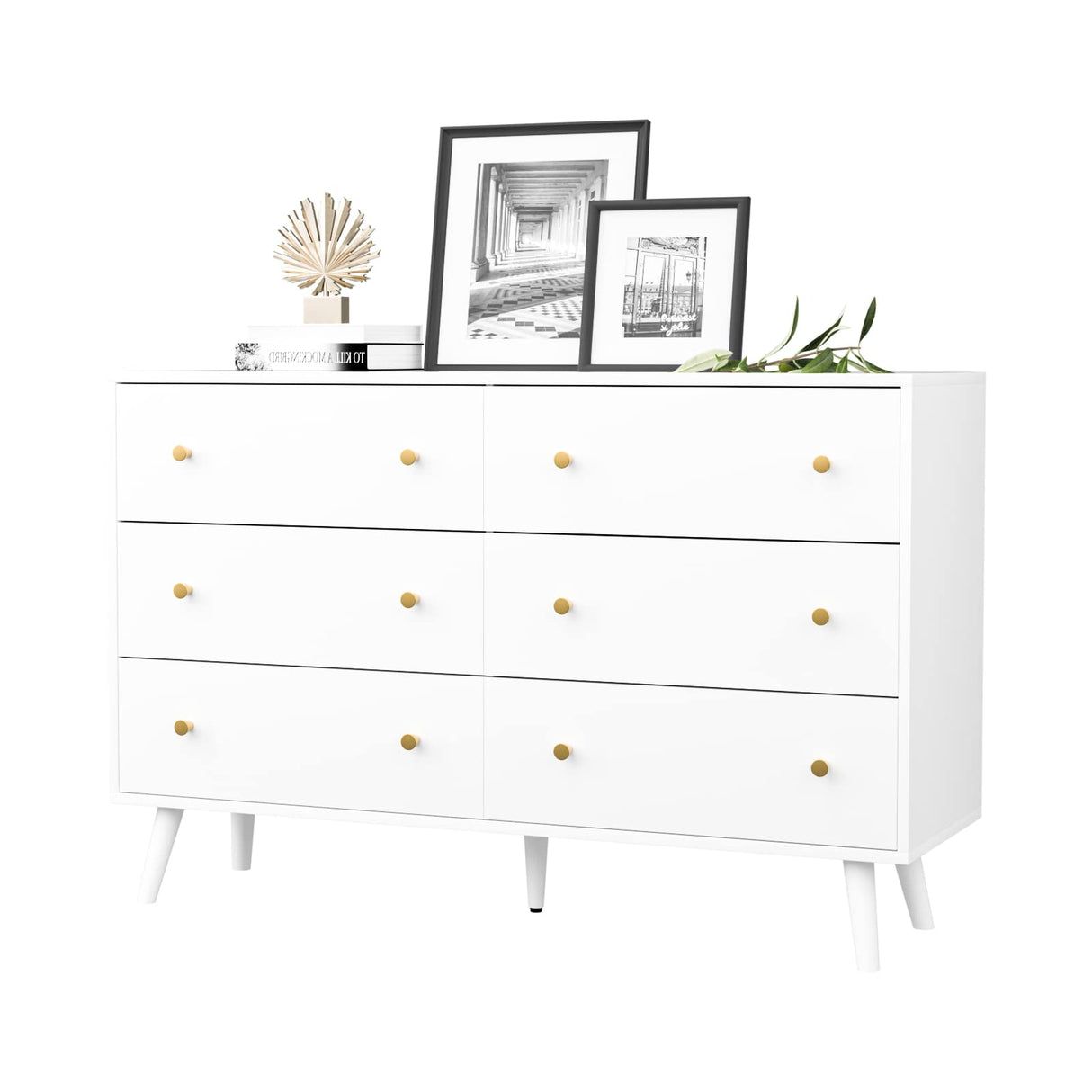 White Dresser for Bedroom, Modern 6 Drawer Dresser, Wide Chest of Drawers with Gold