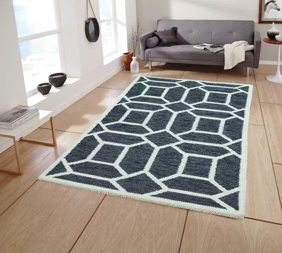 Black Geometric Wool Area Rug – 5 x 3 Feet Modern Handwoven Reversible Dhurrie